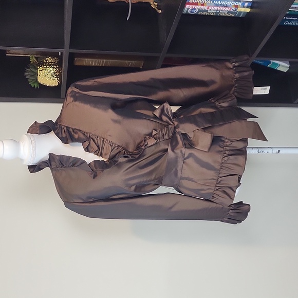 VINTAGE METAPHOR Brown Poly/Nylon Acetate Wrap V-neck Ruffle Blouse - Picture 2 of 16